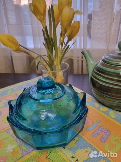 Сахарница голубое стекло СССР, винтаж