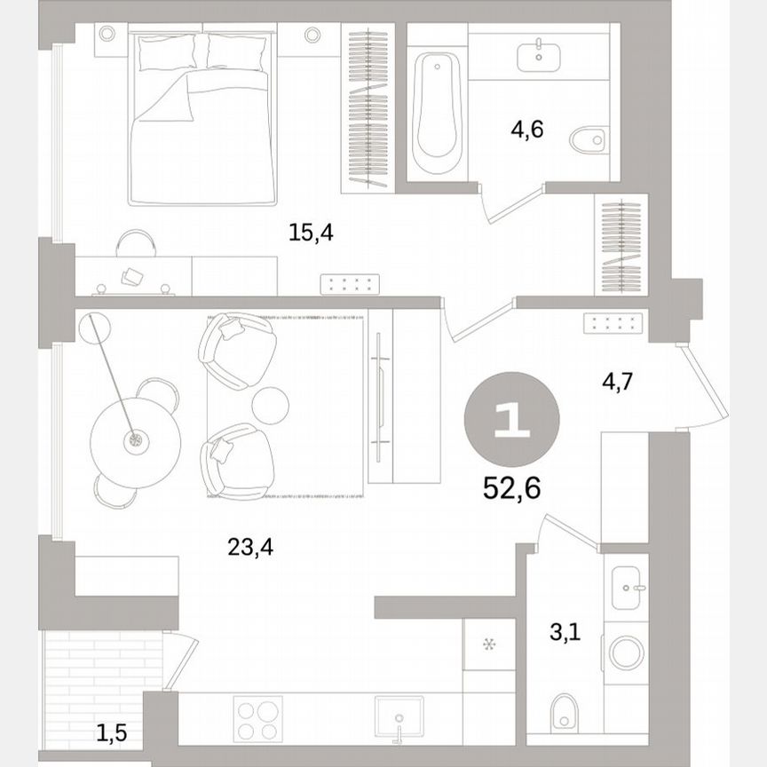 1-к. квартира, 52,2 м², 3/15 эт.