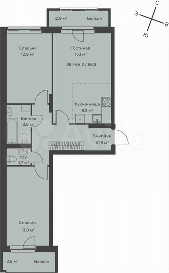 3-к. квартира, 66,3 м², 5/9 эт.