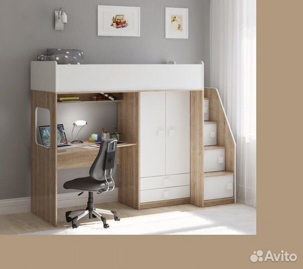 Кровать чердак в разных цветах со шкафом и ящиками