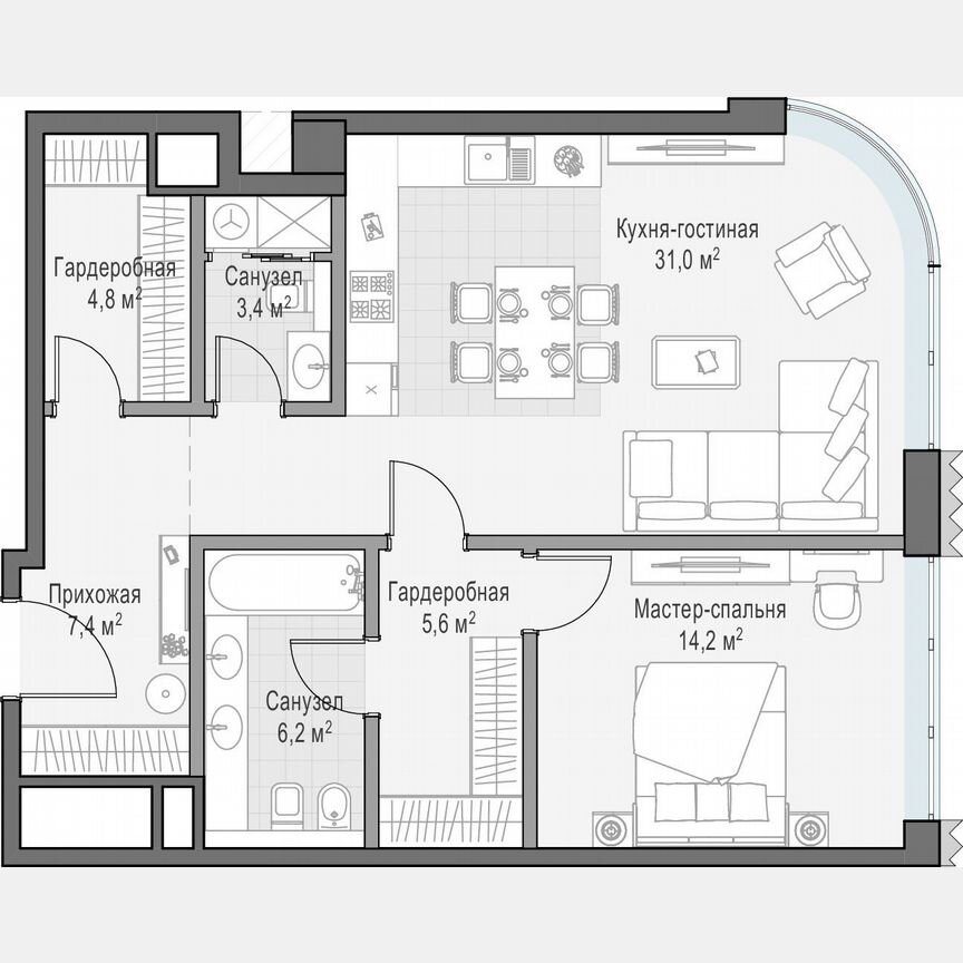 1-к. квартира, 72,6 м², 2/14 эт.