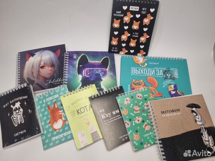 Скетчбуки, карандаши, гелевые ручки, маркеры, пазл