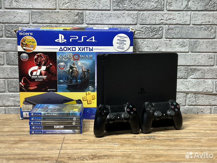 PlayStation 4 Slim 1TB, 2 геймпада + игры