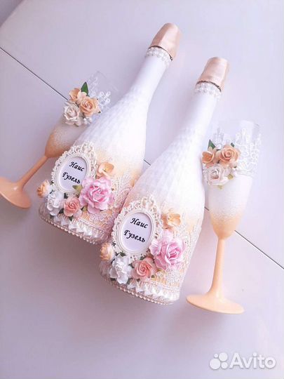 Оформление шампанского и бокалов на свадьбу. Сваде