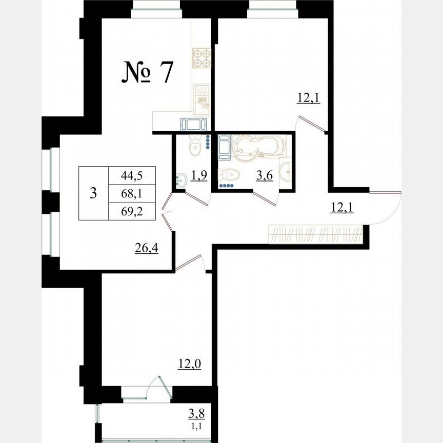 3-к. квартира, 69,2 м², 1/8 эт.