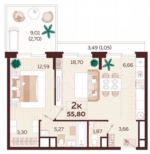 2-к. квартира, 54,8 м², 2/9 эт.