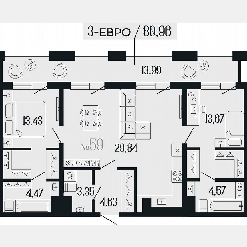 2-к. квартира, 81,5 м², 9/11 эт.