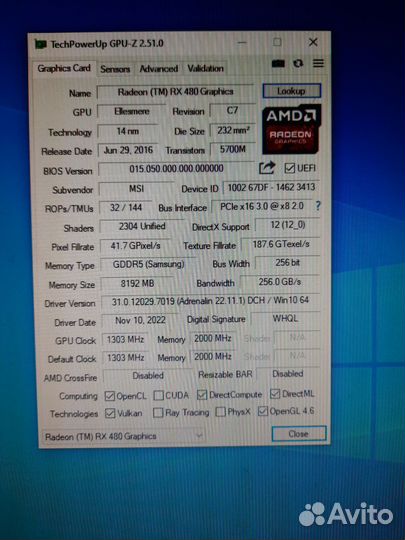 Видеокарта MSI gaming X rx 480 8gb 2304