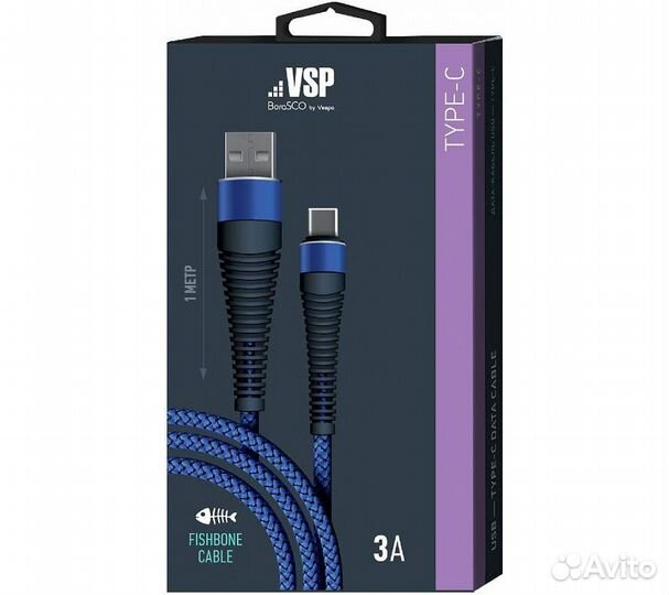 Дата-кабель borasco USB - Type C, 3А, 1м, Fishbone