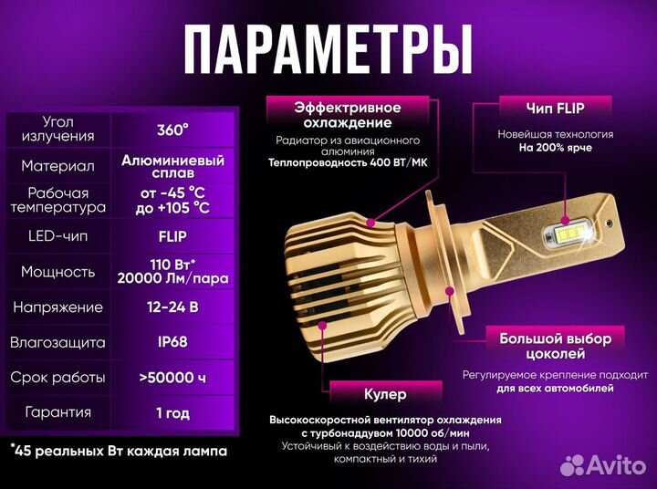 Светодиодные LED лампы, H4, 100W, 20000 Lm, 6000K