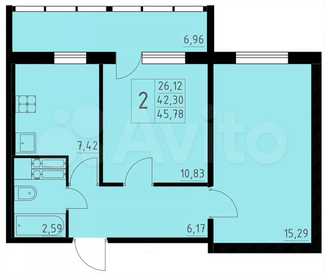 2-к. квартира, 45,8 м², 6/8 эт.