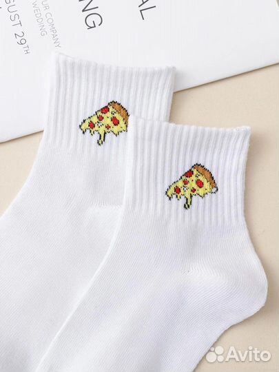 Носки с пиццей и мишкой средней длины, 2 пары