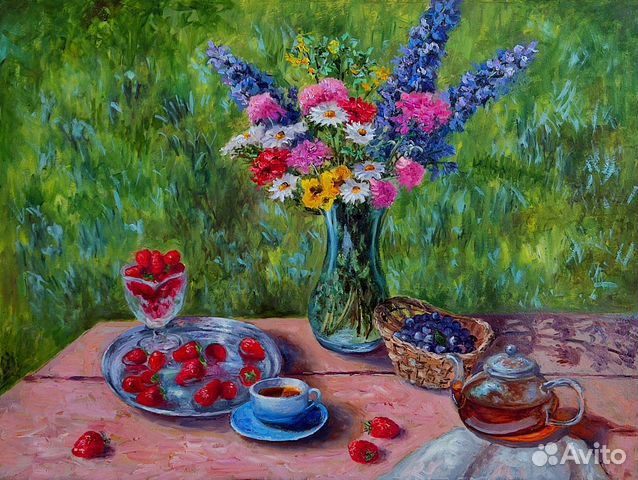 Картина маслом Букет Цветов Летнее чаепитие