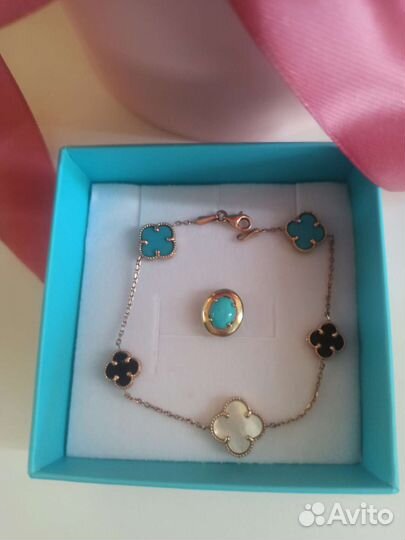 Браслет золотой 585 клевер с бирюзой