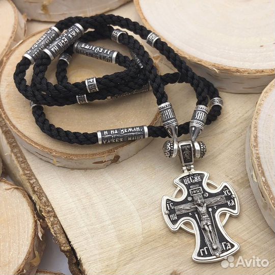 Серебряный крест на шелковом гайтане комплект