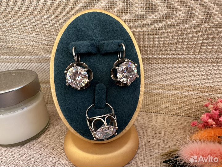 Серьги и кольцо набор посеребрение винтаж