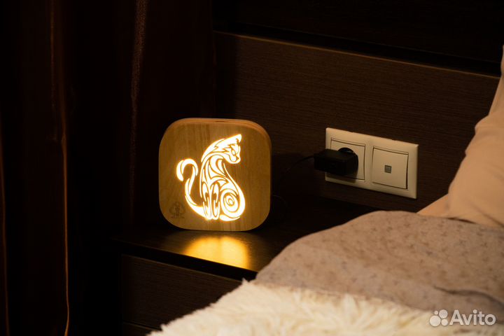 Эко ночник светильник из дерева Кошка