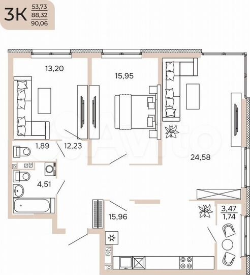 3-к. квартира, 90,1 м², 2/17 эт.