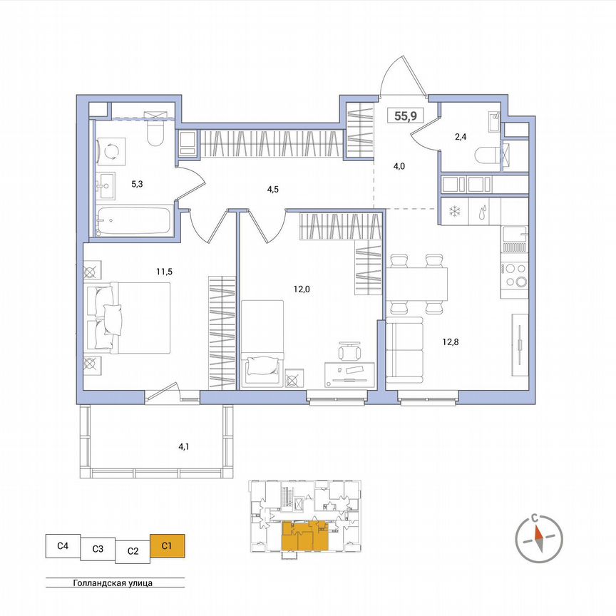 2-к. квартира, 55,8 м², 7/11 эт.