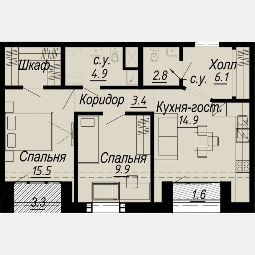 2-к. квартира, 58 м², 7/8 эт.