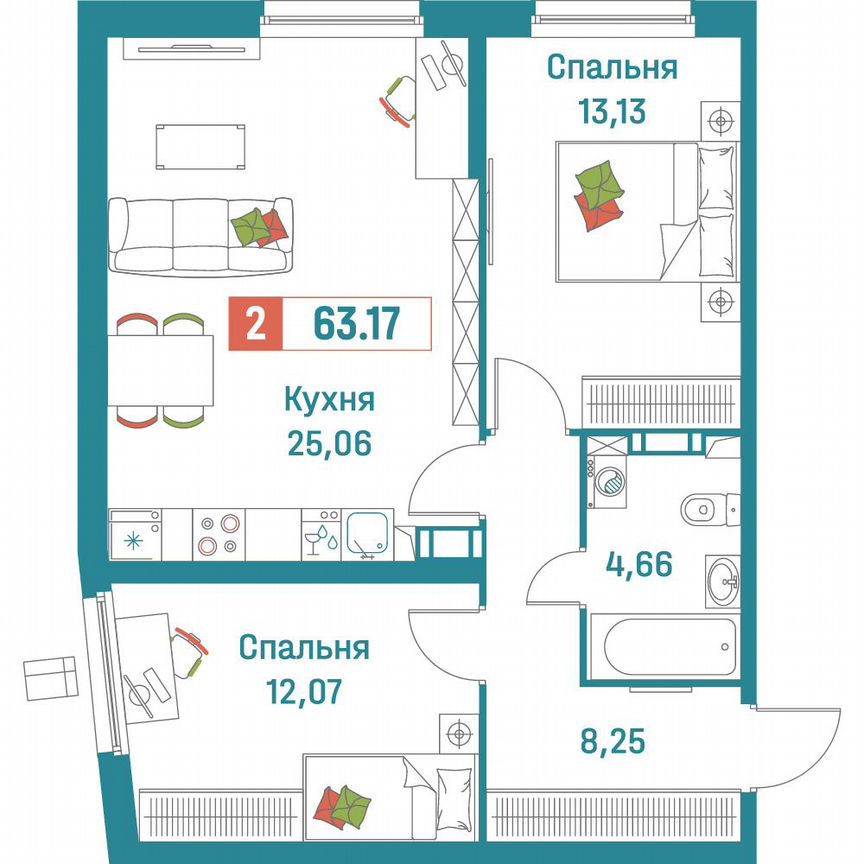 2-к. квартира, 63,2 м², 3/18 эт.