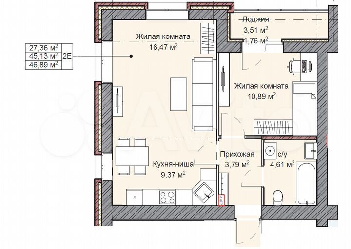 2-к. квартира, 46,9 м², 8/10 эт.