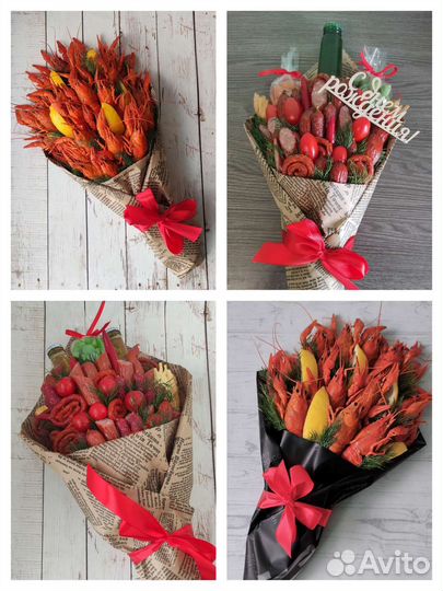 Мужские букеты, букет из раков, колбасный букет