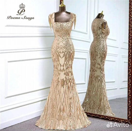 Золотое вечернее платье в пол L Xl
