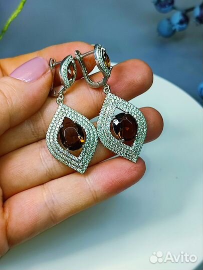 Крупные серьги, природный раузтопаз, серебро 925