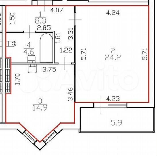 1-к. квартира, 52 м², 3/4 эт.