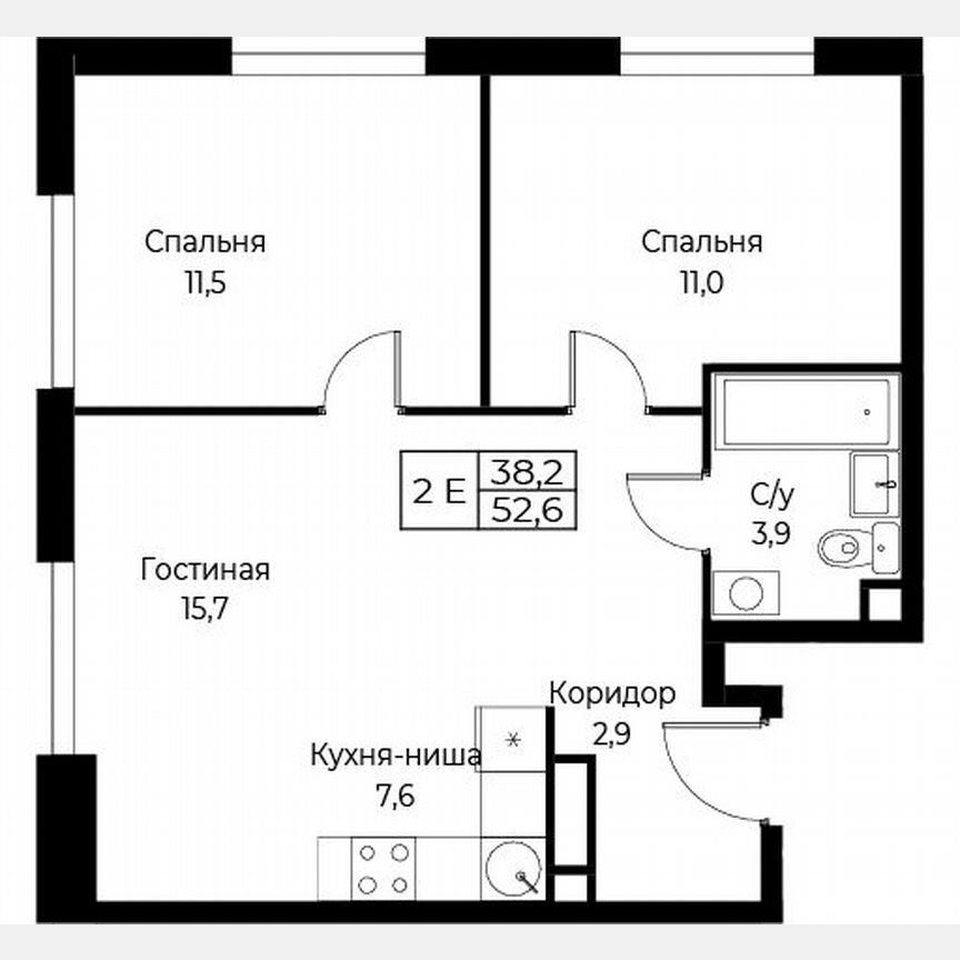 2-к. апартаменты, 52,6 м², 15/30 эт.
