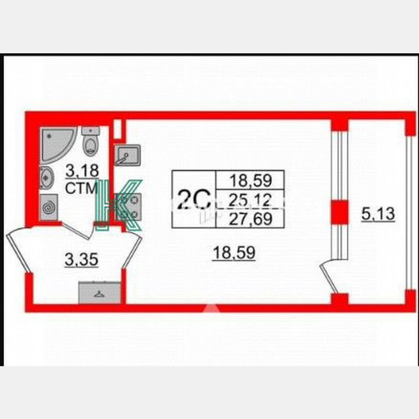Квартира-студия, 25,1 м², 1/4 эт.