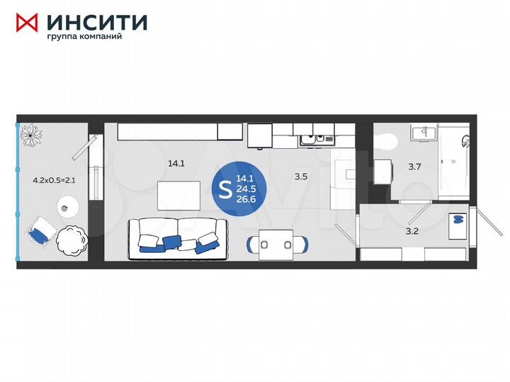 Квартира-студия, 26,6 м², 13/24 эт.