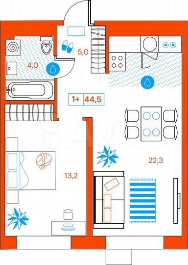 1-к. квартира, 44,5 м², 2/21 эт.