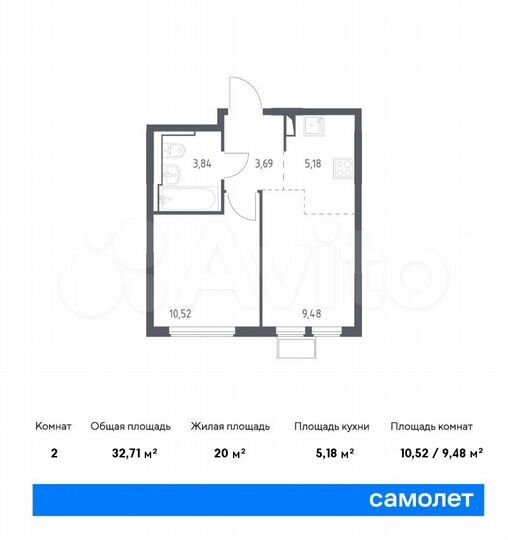 2-к. квартира, 32,7 м², 14/14 эт.