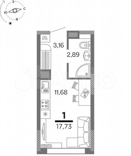 1-к. квартира, 17,7 м², 2/25 эт.