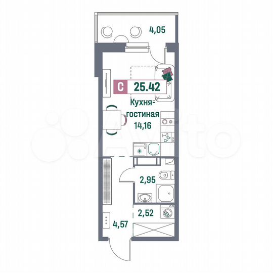 Квартира-студия, 25,4 м², 8/16 эт.