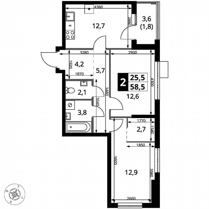 2-к. квартира, 58,5 м², 16/18 эт.