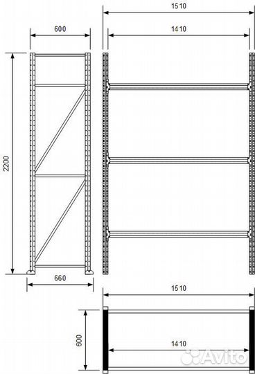 Стеллаж полочный 2200х600х1400 мм 3 яруса