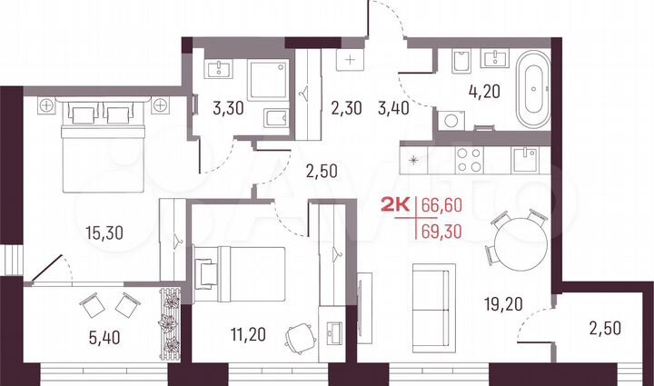 2-к. квартира, 66,6 м², 13/25 эт.