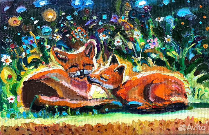 Картина маслом Лисята холст 20 см на 30см