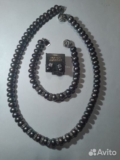 Колье жемчуг черный, браслет и серьги