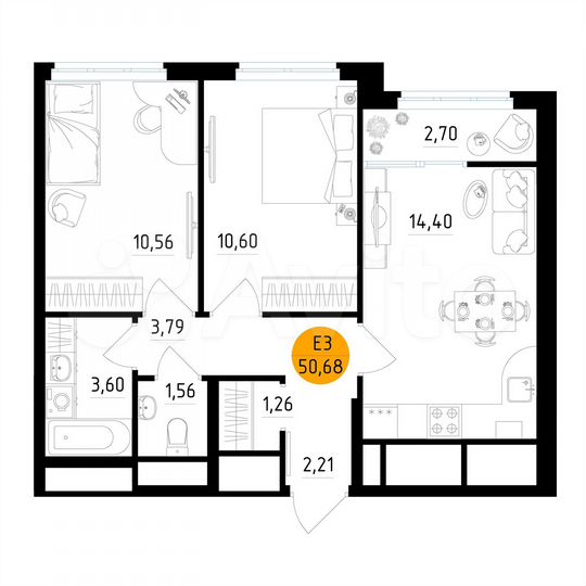 2-к. квартира, 50,7 м², 20/25 эт.