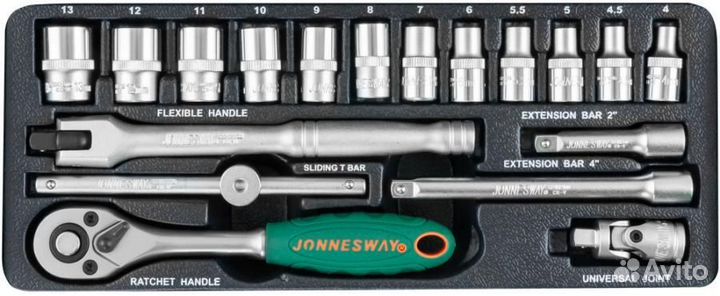 Jonnesway S04H2118S Набор головок 1/4'' 18 пр. 6 гр. 4-13 мм JW