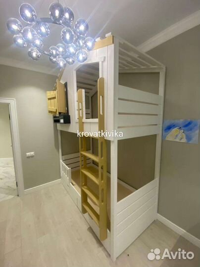 Двухъярусная Эко кровать домик из дерева