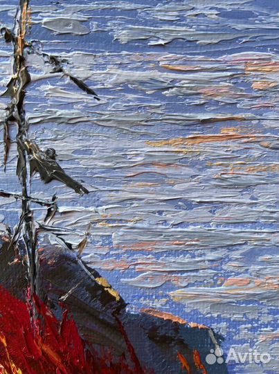 Картина маслом Закат, горы, ели 50х40 см холст на