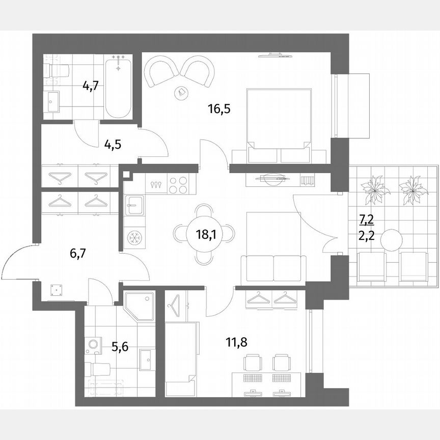 2-к. квартира, 70,1 м², 1/6 эт.