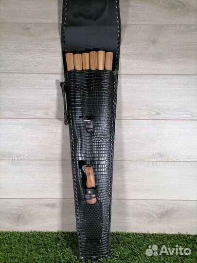 Набор шампуров в кожаном чехле черный с ножом