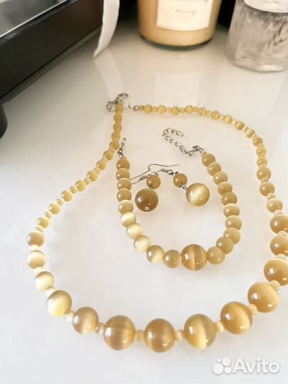 Бусы, браслет, серьги Кошачий глаз