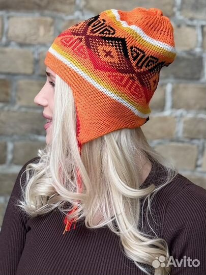 Женская вязаная шапка шерсть альпака двусторонняя Чульо Дос цвет красный-оранжевый